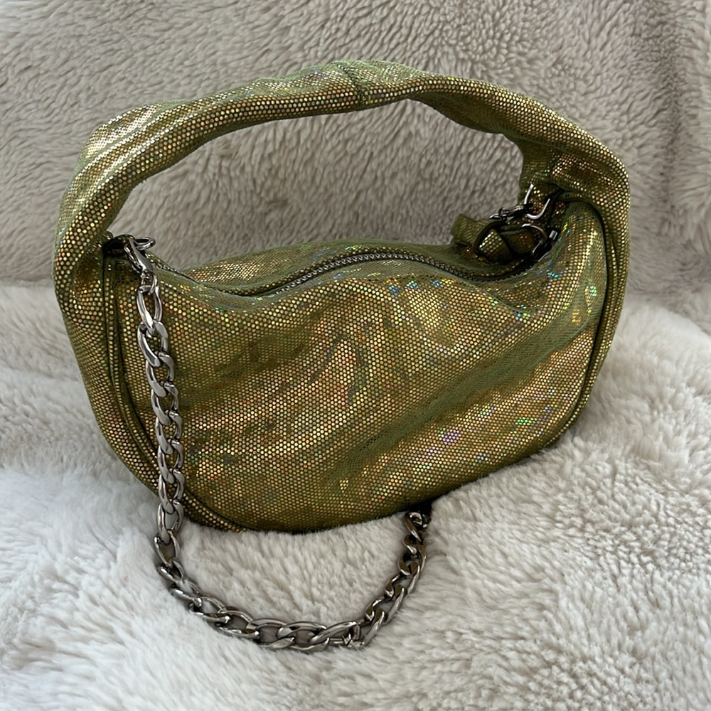 BY FAR baby Cush leather green shoulder bag purse zipper disco hologram $524 new